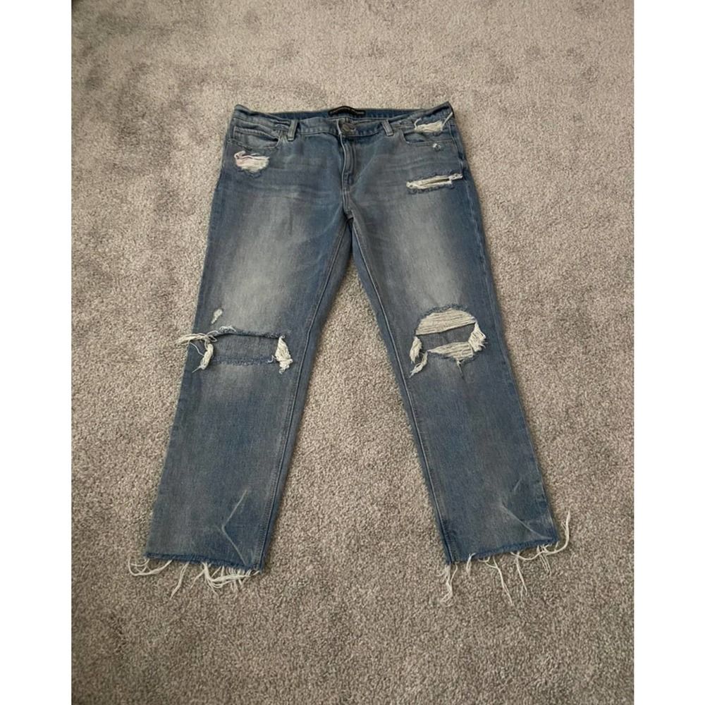 Express Girlfriend Jeans Womens 12r Medium Wash Distressed Raw Hem Straight Leg
